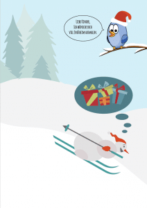 SAM mit Schneemann auf Ski Gedankenblase mit Geschenken